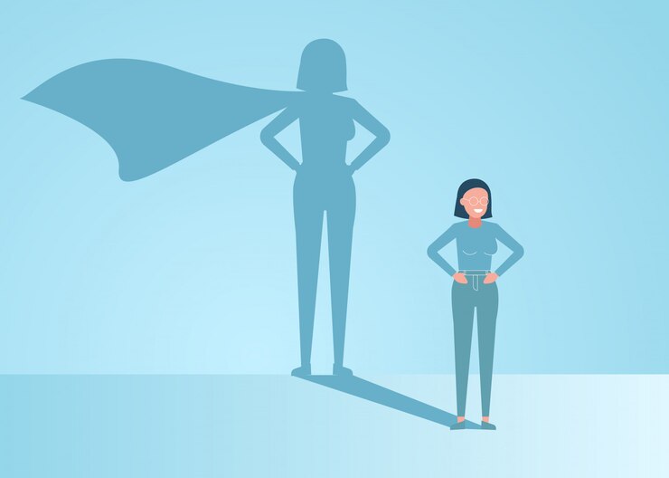 La empresaria sueña con convertirse en un superhéroe. Hombre de negocios joven hermoso confiado que coloca la ilustración del concepto de la sombra del superhéroe
