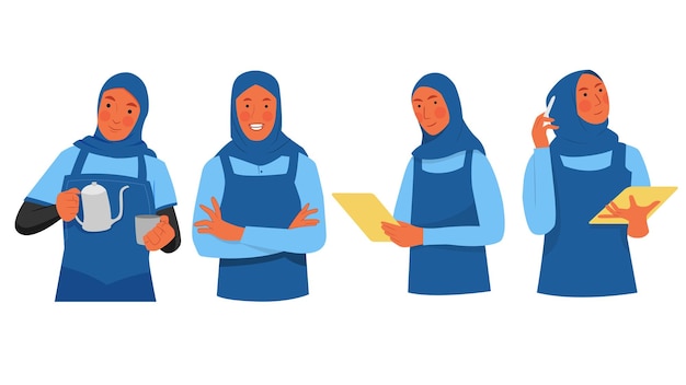 Empresarias musulmanas con diferentes poses usando delantales