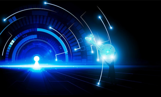 Empresario abstracto sosteniendo una llave para abrir la puerta Luz de fondo de tecnología Diseño de vector de fondo de innovación de concepto de comunicación de alta tecnología