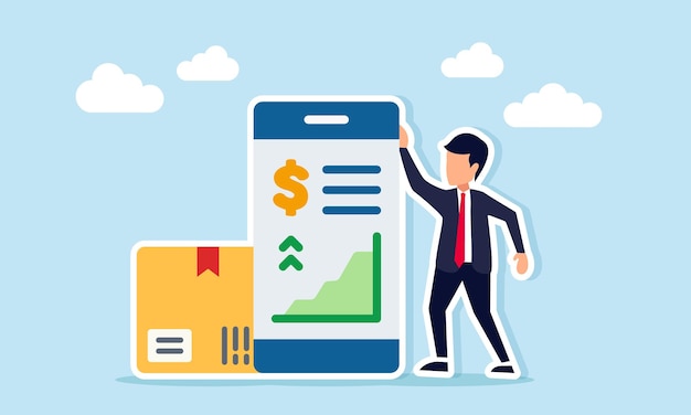 Empresario al lado de la caja de paquetes y la interfaz de la aplicación que muestra el gráfico y la ilustración del signo de dólar del crecimiento financiero en el negocio de logística
