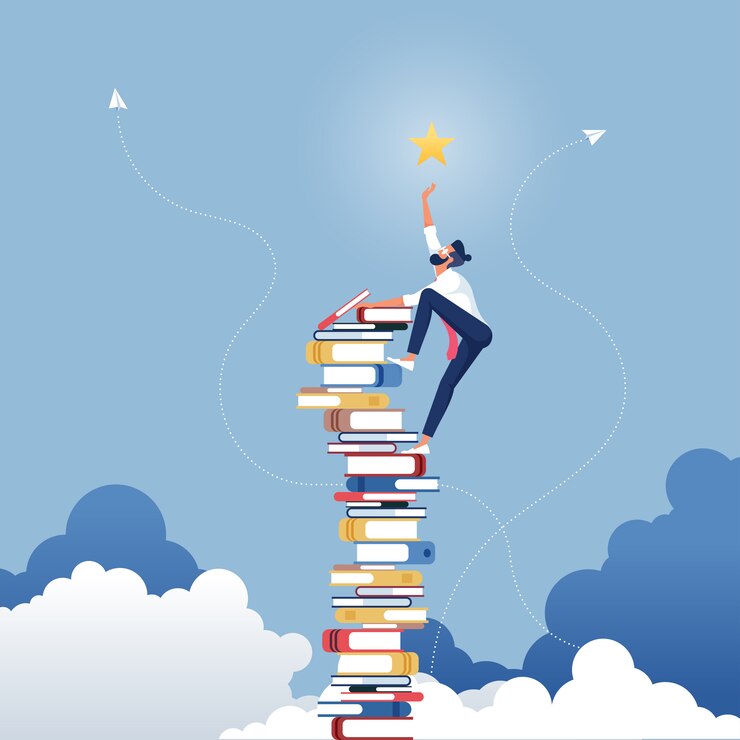 Vector el empresario alcanza las estrellas utilizando libros como plataforma