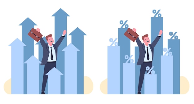 Empresario alegre alrededor de gráficos de crecimiento económico en aumento Flechas y gráficos de porcentaje crecen Beneficio comercial Progreso financiero Aumento del dinero Infografía bancaria Concepto vectorial