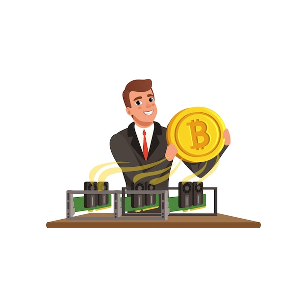 Empresario alegre sosteniendo bitcoin dorado. Granja minera. Tecnología de extracción de criptomonedas. Concepto de finanzas y dinero virtual. Joven en traje formal. Diseño vectorial plano aislado en blanco.