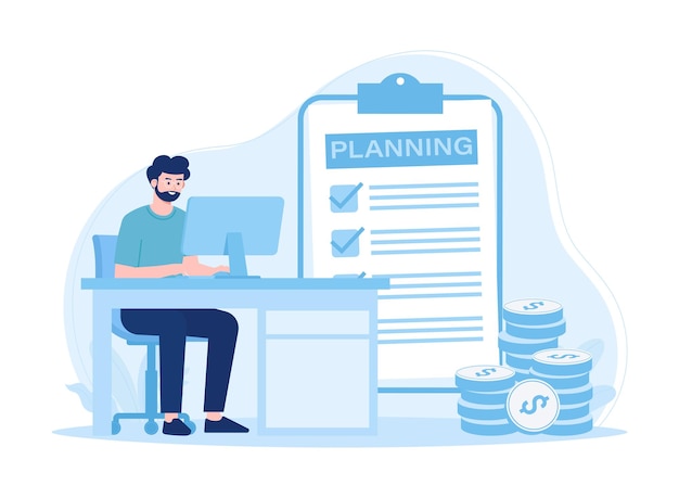 El empresario analiza los datos y hace una lista de comprobación con una ilustración plana del concepto del plan de desarrollo