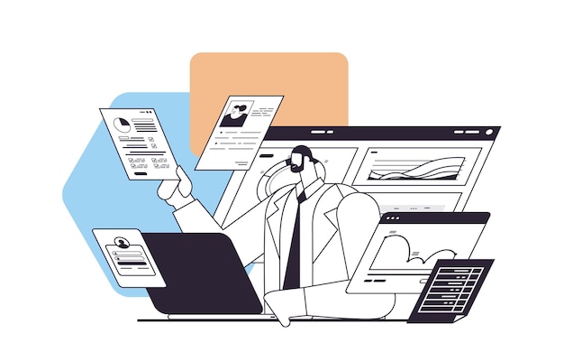 Empresario analizando tablas y gráficos proceso de análisis de datos estrategia de empresa de planificación de marketing digital