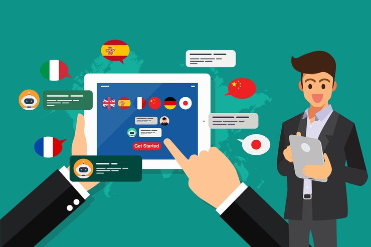 Vector empresario aprendiendo diferentes lenguas extranjeras a través de la tableta en la mano