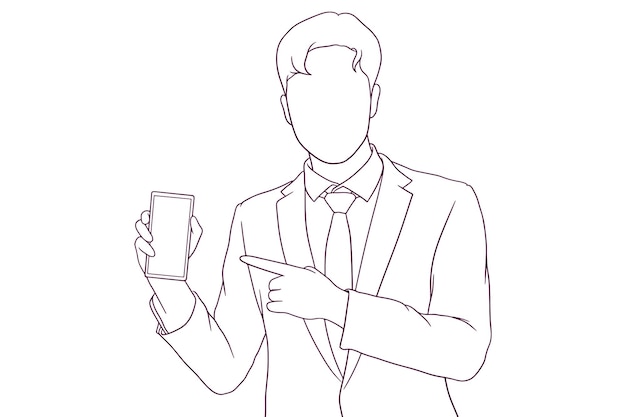 Empresario apuntando a la ilustración de vector de estilo dibujado a mano de teléfono