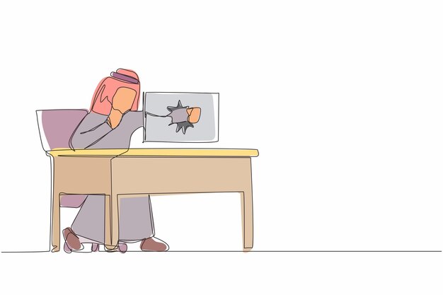 Un empresario árabe enojado rompe su computadora portátil golpeándola