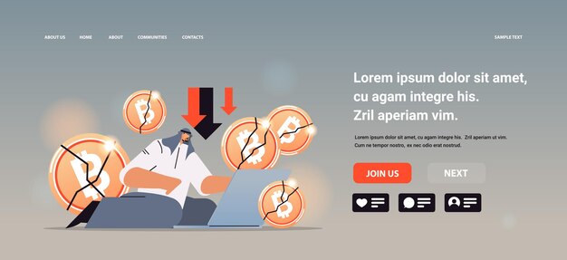 empresario árabe inversionista analizando monedas estrelladas en la computadora portátil cryptocurrency crash bitcoin precio colapso crypto pérdida inversión riesgo crisis concepto horizontal copia espacio longitud completa vector ilustración