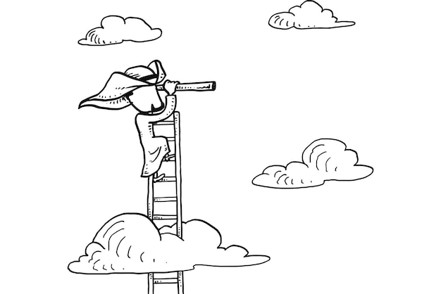 Empresario árabe usando escalera usando telescopio buscando nuevas ideas de negocios