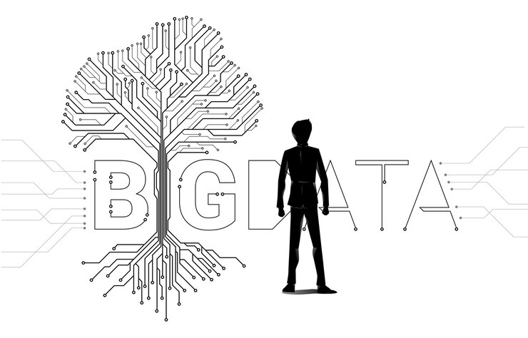Vector empresario y árbol con conexión de línea digital estilo de placa de circuito de punto concepto de fondo para big data y transformación digital