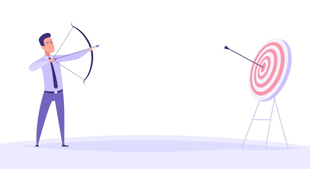 Empresario arquero hombre sosteniendo arco con flecha y disparando a la meta Ilustración del concepto de negocio vectorial