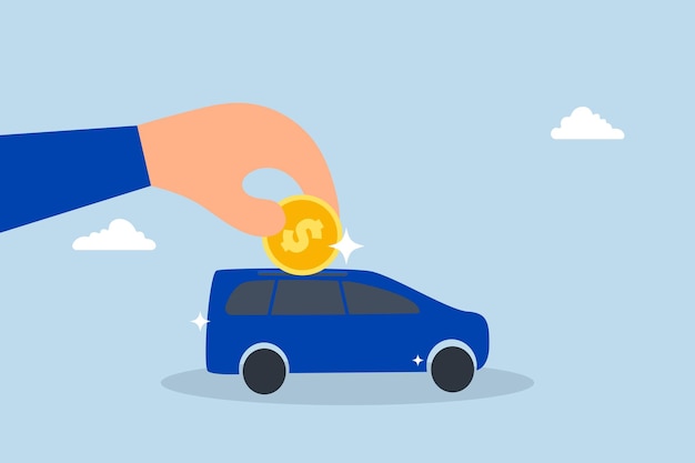 Empresario de arrendamiento de automóviles mano propietario coloca moneda de moneda de dólar en vehículo nuevo