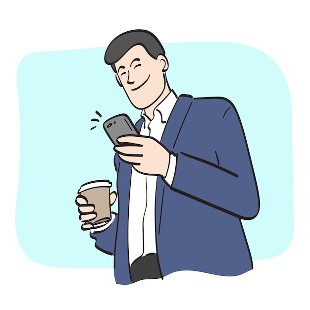 empresario de arte de línea usando un teléfono inteligente y sosteniendo una taza de café caliente para llevar vector de ilustración