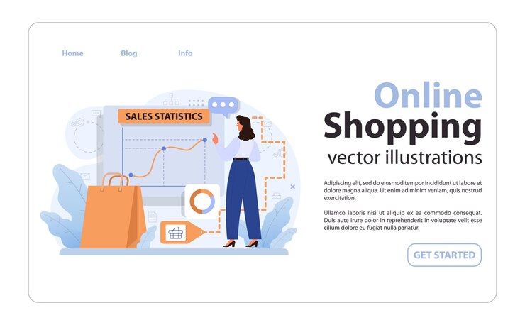 Vector empresario de banner web de comercio electrónico o página de aterrizaje que vende bienes en la gestión de la plataforma de comercio digital