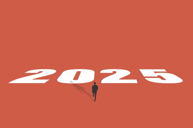 Vector empresario caminando hacia el año 2025 concepto de planificación o estrategia visión o previsión año comenzar anticipación mejora o progreso