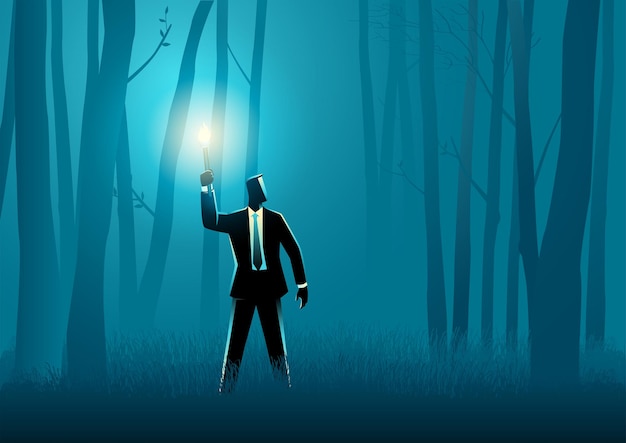 Vector empresario caminando con antorcha en el bosque oscuro