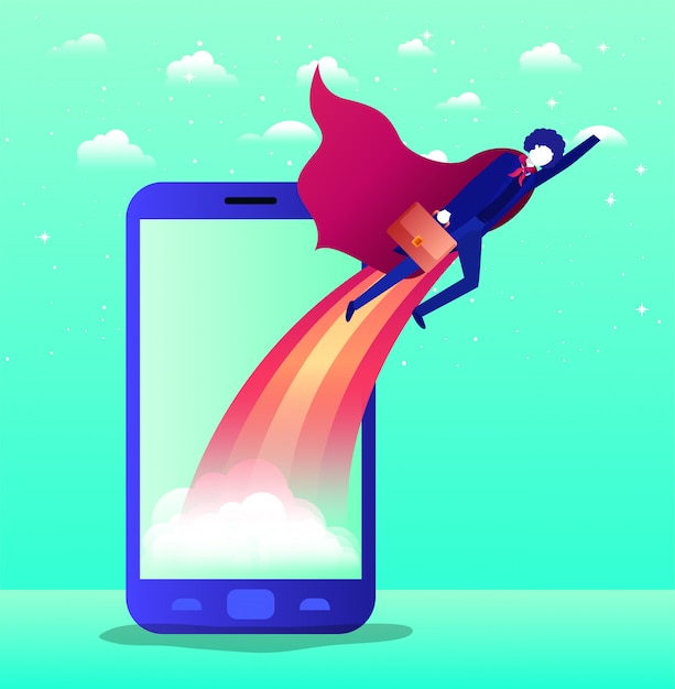 Empresario con capa de héroe volando en smartphone