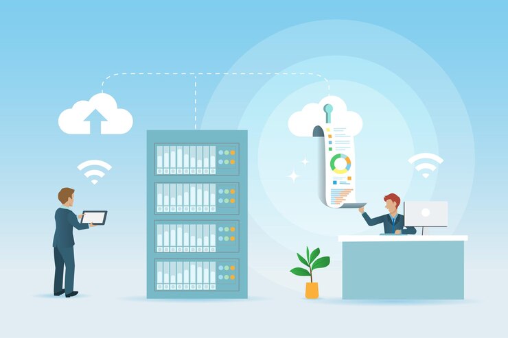 Vector el empresario carga y descarga datos comerciales en el servicio de computación en la nube a través de un teléfono inteligente y una computadora portátil