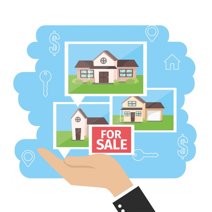 Vector empresario con casas de bienes raíces en venta