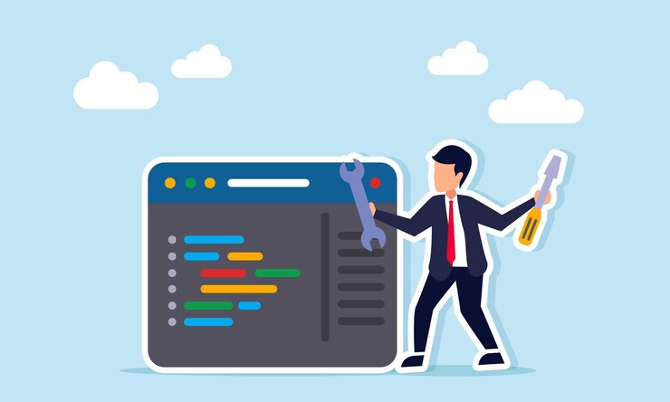 Vector empresario cerca de la interfaz de programación sosteniendo un destornillador y una llave inglesa ilustración de mantenimiento de rutina para el sistema de aplicaciones empresariales
