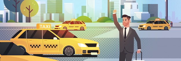 Vector empresario coger un taxi en la calle hombre de negocios en ropa formal con equipaje parando taxi amarillo ciudad transporte servicio paisaje urbano
