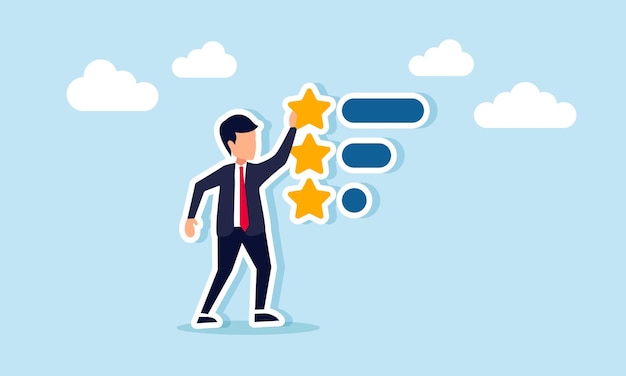 Empresario colocando una estrella para completar una fila de estrellas Ilustración de la evaluación del rendimiento empresarial