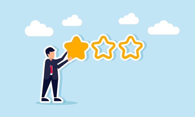 Empresario colocando y llenando estrellas en una forma de línea en forma de estrella con tres estrellas en una fila ilustración de una estrella o mala calificación