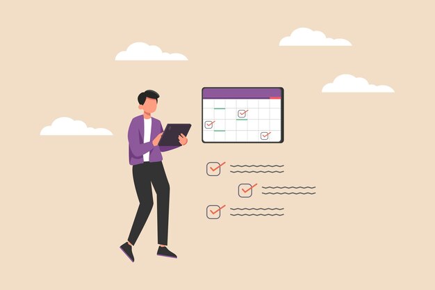 Empresario configurando recordatorios de tareas pendientes y comprobando la lista de horarios en el calendario en línea con tablet Horario y concepto de planificación Ilustraciones vectoriales planas aisladas