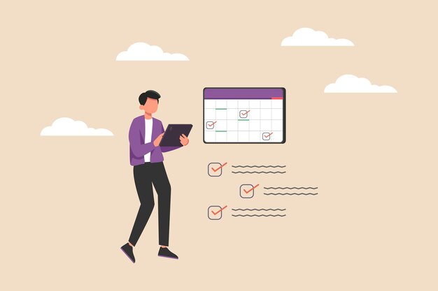 Empresario configurando recordatorios de tareas pendientes y comprobando la lista de horarios en el calendario en línea con tablet horario y concepto de planificación ilustraciones vectoriales planas aisladas