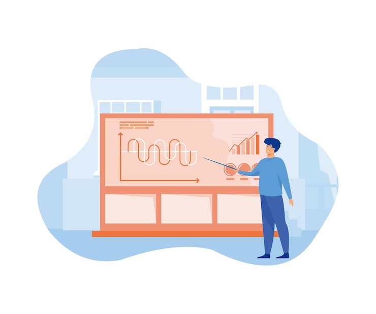 Vector empresario consultor cerca de la pizarra con un puntero en la mano entrenamiento gráficos de investigación diagramas de mercado gráficos informes financieros vector plano ilustración moderna