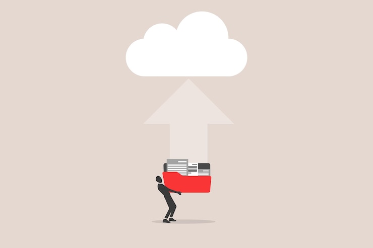 Vector empresario copia de seguridad archivo cargar en la nube concepto de transferencia de datos a través de la tecnología de nube gran base de datos en línea con internet moderno rápido y seguro