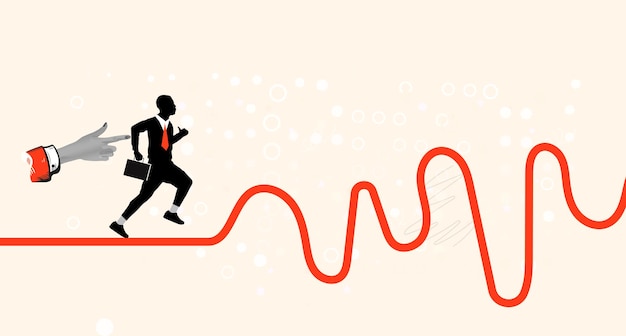 Empresario correr a un nuevo desafío camino áspero por delante riesgo e incertidumbre dificultad o resolución de problemas