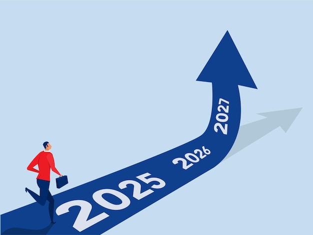 Empresario corriendo en 202520262027 años ir a la meta o camino más lejos concepto de vector plano