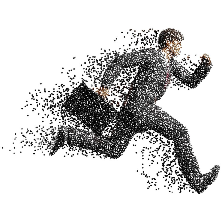 Vector empresario corriendo con estuche hecho de bolas dispersas