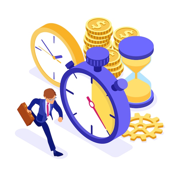 Vector empresario corriendo con monedas y relojes ilustración isométrica