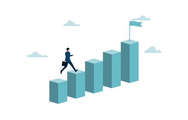 Empresario corriendo hacia la parte superior del gráfico. Concepto de negocio de objetivos, Éxito, Ambición, Oportunidad, logro, Desafío, Éxito para el hombre de negocios. ilustración vectorial plana