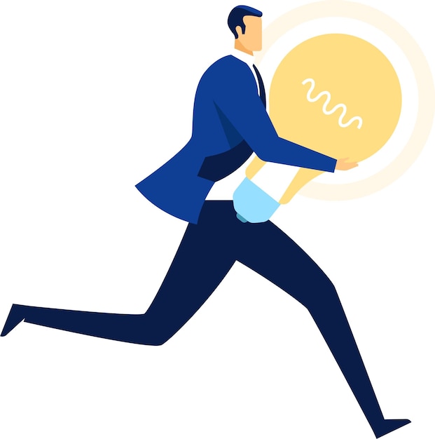 Empresario corriendo rápidamente mientras sostiene una gran bombilla que simboliza nuevas ideas, innovación e inspiración en el mundo de los negocios que representa soluciones y creatividad para el éxito
