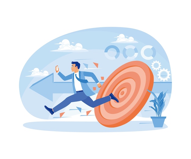 Empresario corriendo a toda prisa Completar el trabajo hacia los objetivos comerciales Concepto del objetivo comercial Ilustración vectorial plana