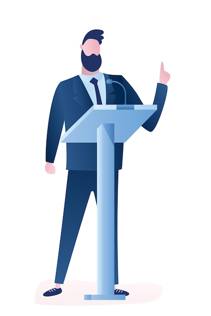 Empresario da una conferencia Estar cerca del podio hablar en el micrófono Vector político guapo