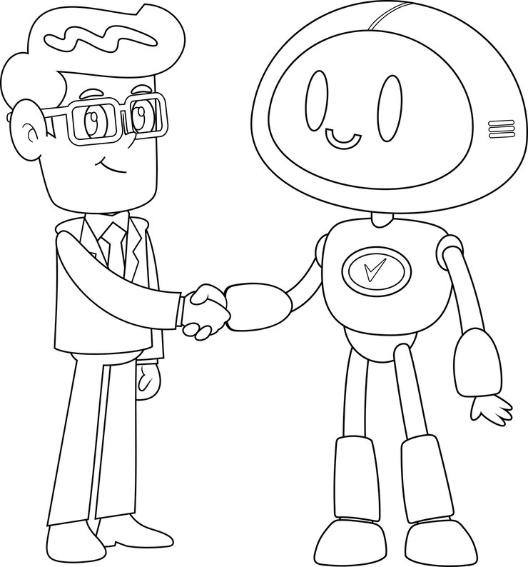 Vector empresario delineado y personajes de dibujos animados de robots de ia estrechando la mano en una reunión