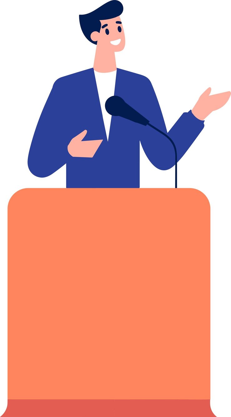 Vector empresario dibujado a mano hablando en el podio en estilo plano aislado en el fondo