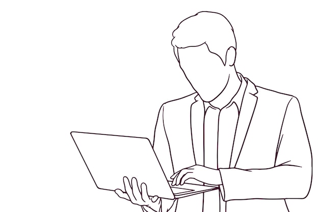 Empresario dibujado a mano trabajando en la ilustración de la computadora portátil