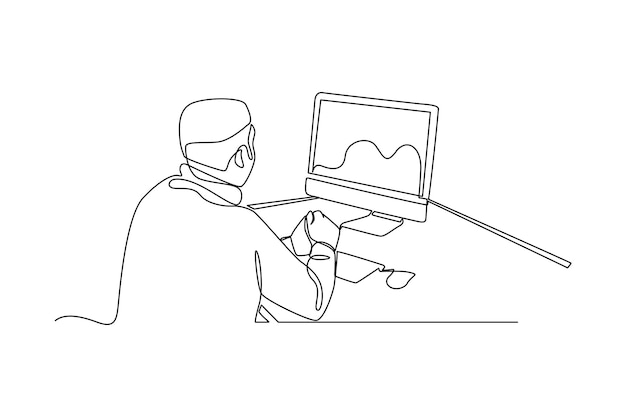 Empresario de dibujo continuo de una línea que trabaja frente a la computadora portátil Concepto de actividades comerciales Ilustración gráfica de vector de diseño de dibujo de una sola línea