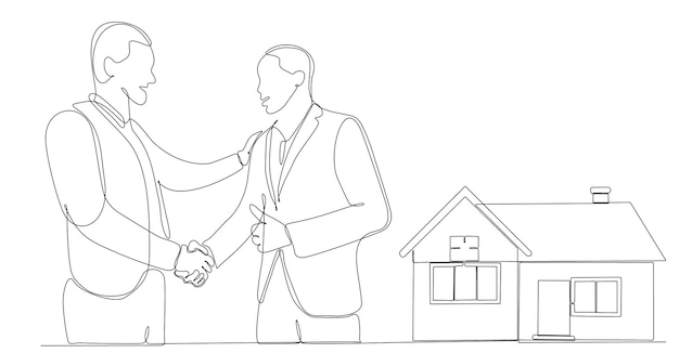 empresario de dibujo de línea continua que vende el concepto de negocio de la casa