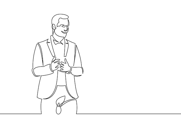 Un empresario de dibujo lineal hablando en la presentación