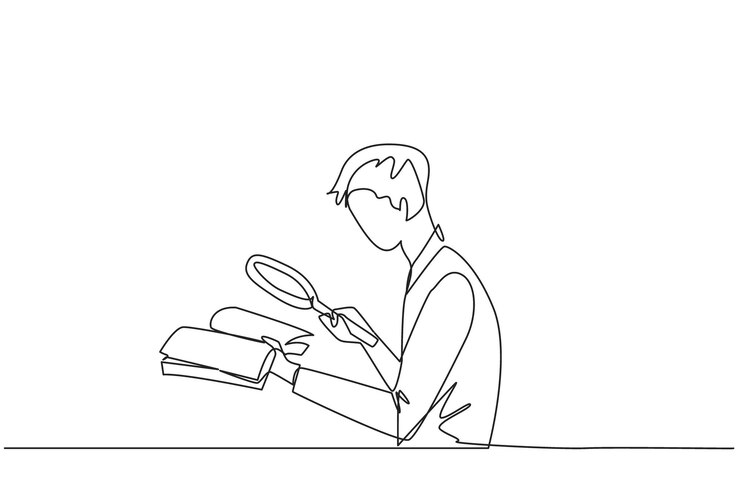 Vector un empresario de dibujo de una sola línea sostiene el libro y lo examina con la lupa de diseño vectorial