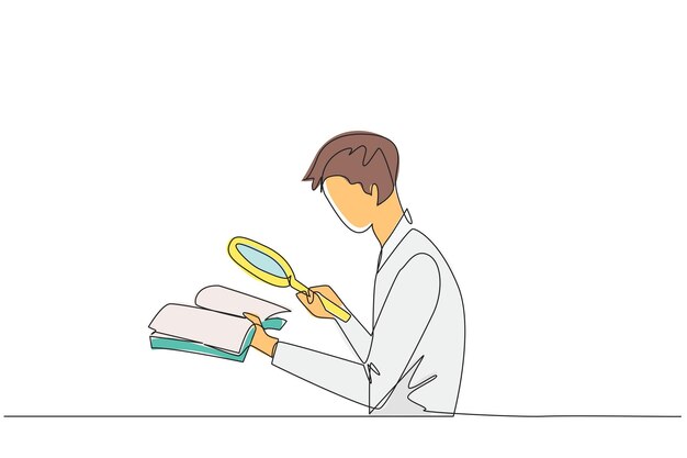 Un empresario de dibujo de una sola línea sostiene el libro y lo examina con la lupa de diseño vectorial