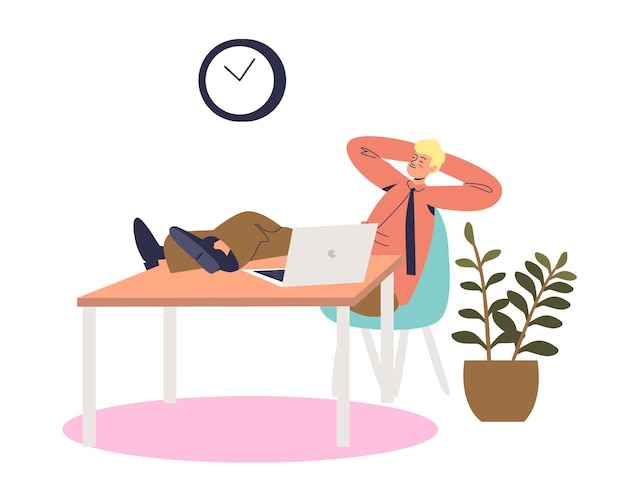 Empresario de dibujos animados perezoso tomando una siesta en el lugar de trabajo sentado relajado en el escritorio de oficina. Procrastinar trabajador de oficina masculino o concepto de gerente