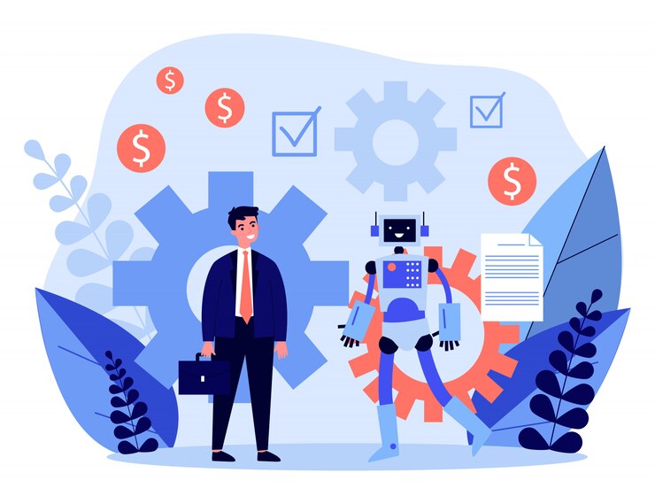 Vector empresario discutiendo contrato con robot